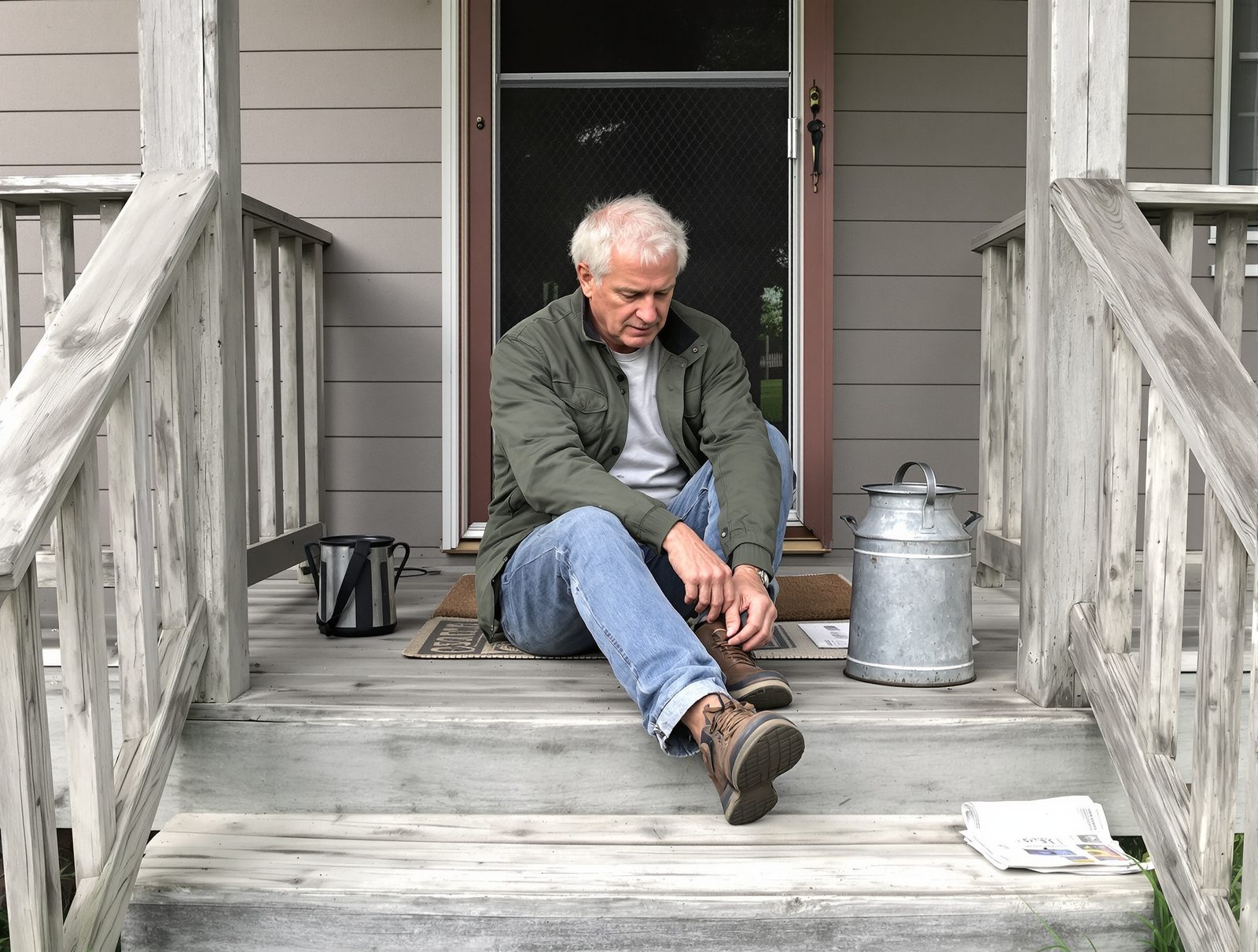 An older man sitting on the worn wooden steps of his back porch, glancing down at his boot, in flat overcast late-afternoon light