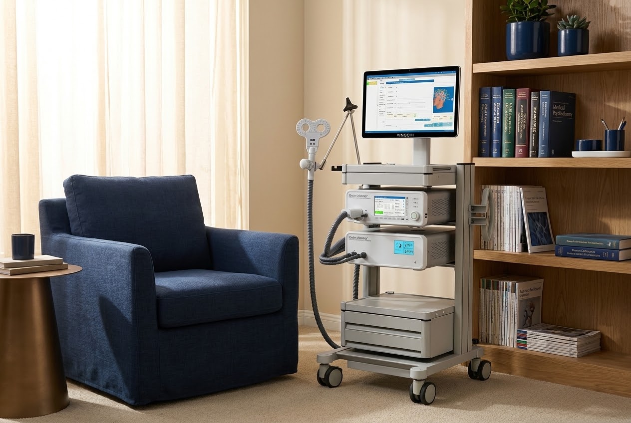 The TMS chair and device cart in the NeuPath treatment room, navy upholstery and the stimulation coil arm in soft daylight